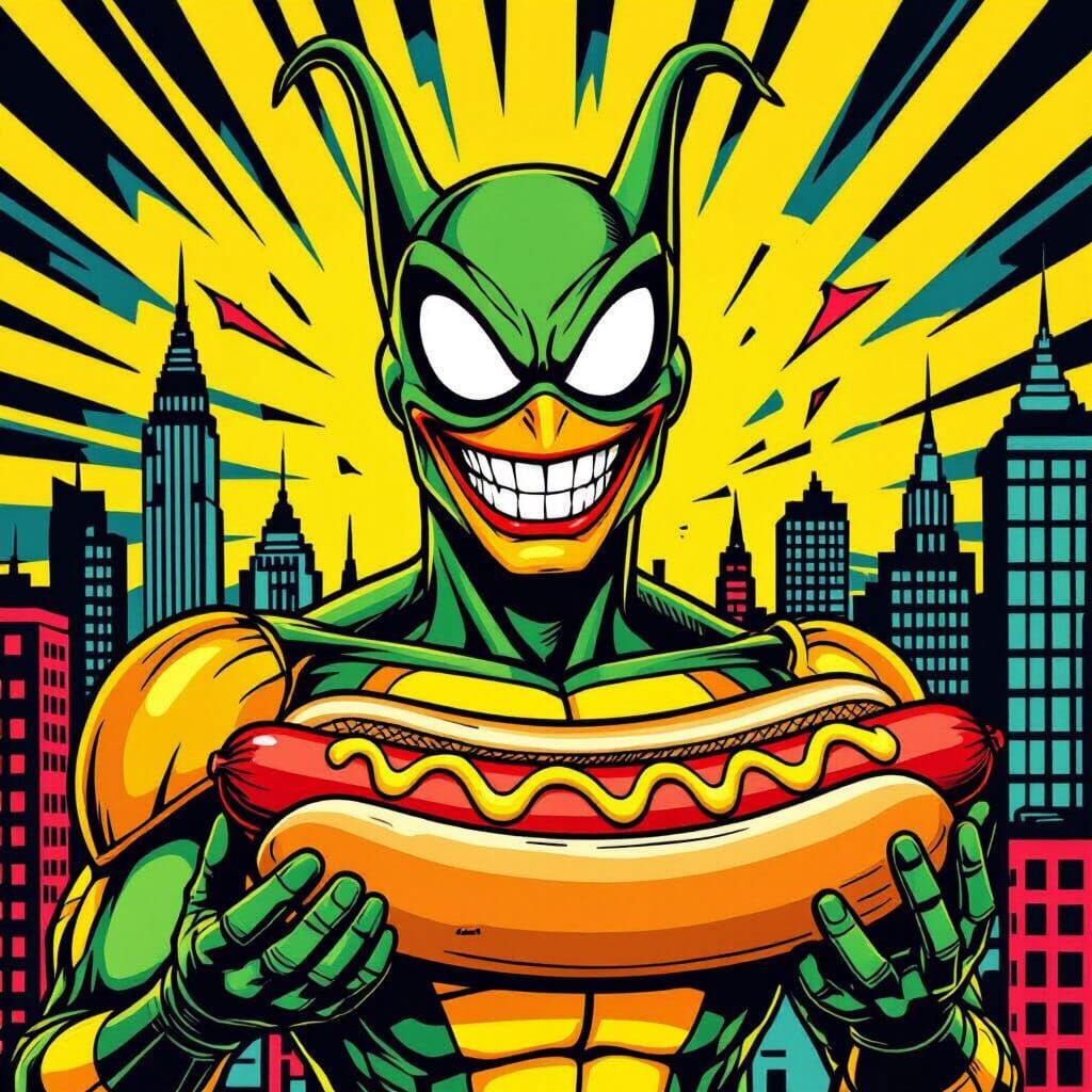Hot Dog Themed Green Goblin Pop Art Illustration