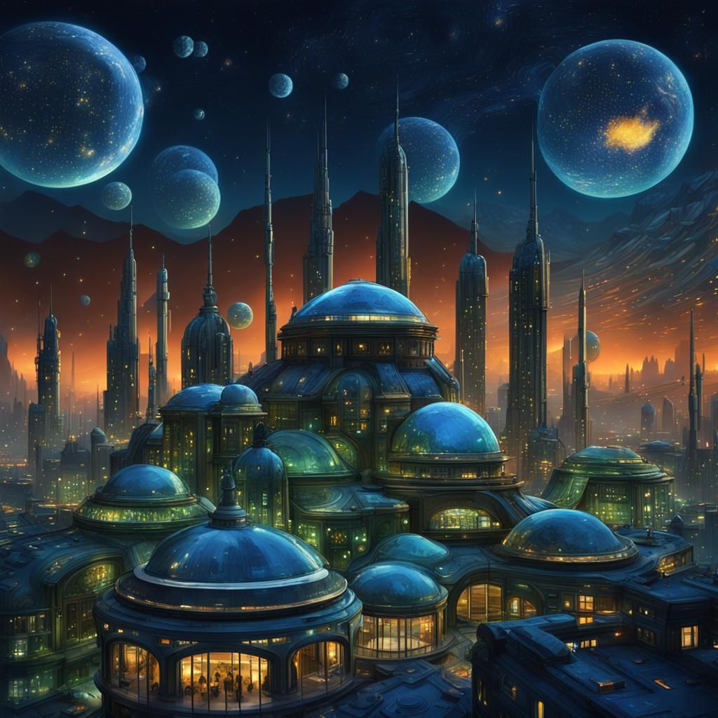 Futuristic City at Night in a Digital Painting Style