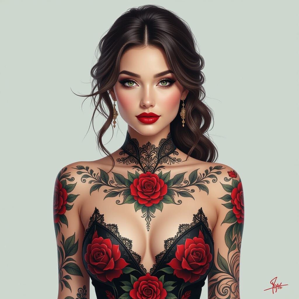 Elegant Woman with Full Body Tattoo Art