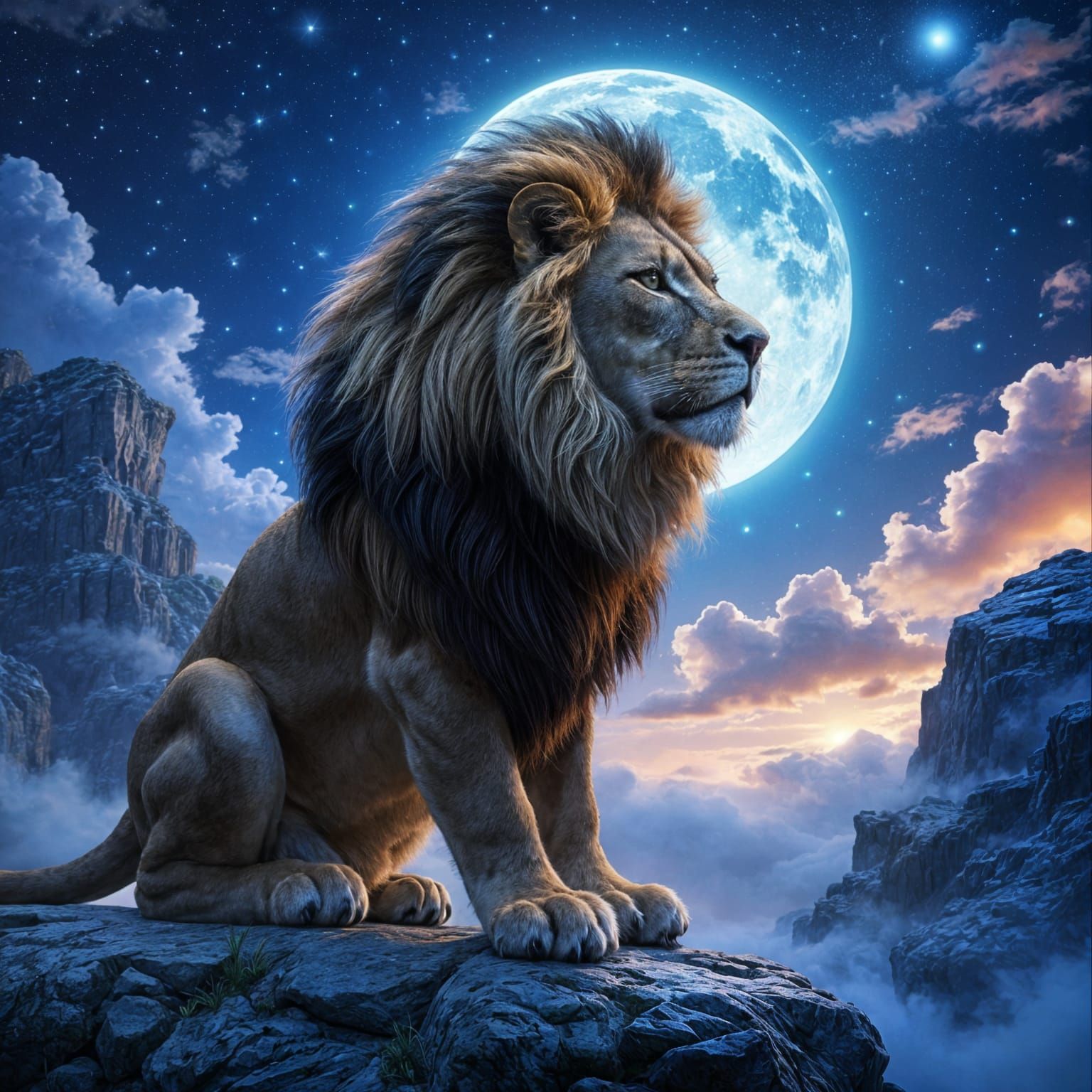 Majestic Lion Surveying Kingdom Under Starry Sky