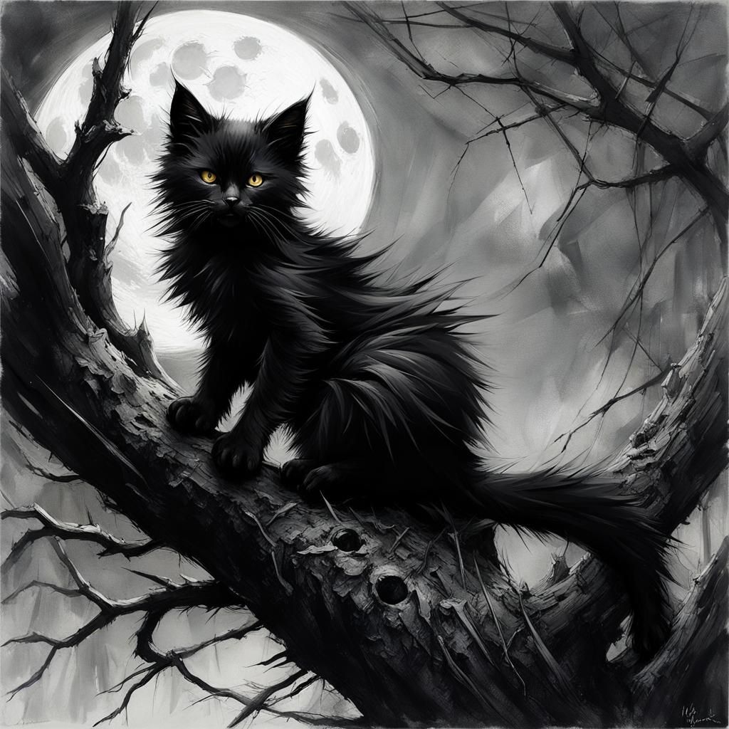 Eerie Black Kitten on Branch, Digital Art