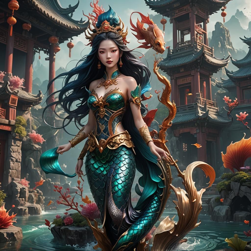 Detailed Chinese Mermaid Concept Art in 8K