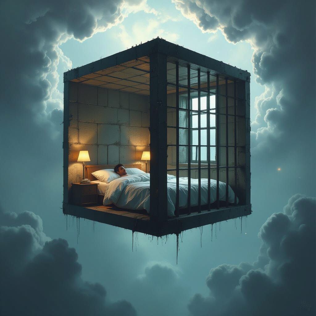 Cube Prison Bedroom in Cosmic Void, Beksiński Style