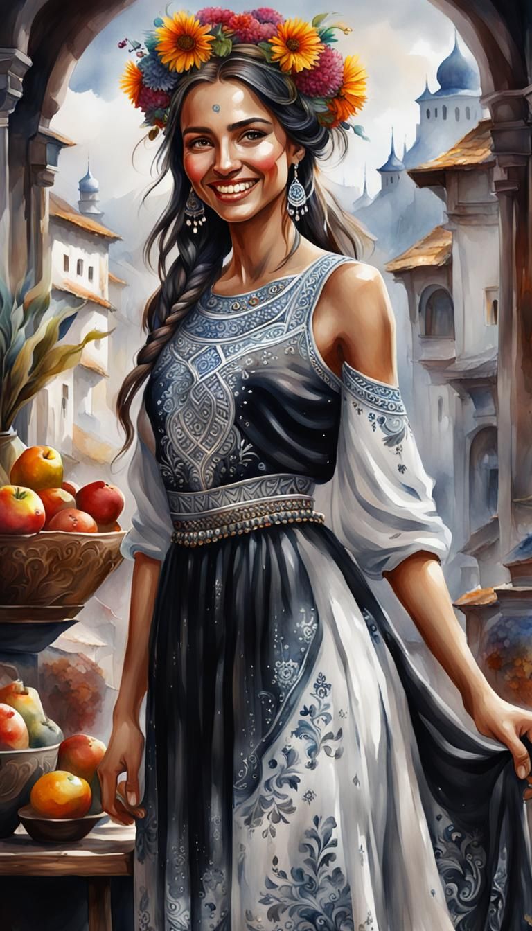 Bulgarian Woman: Black and White Watercolor Portrait