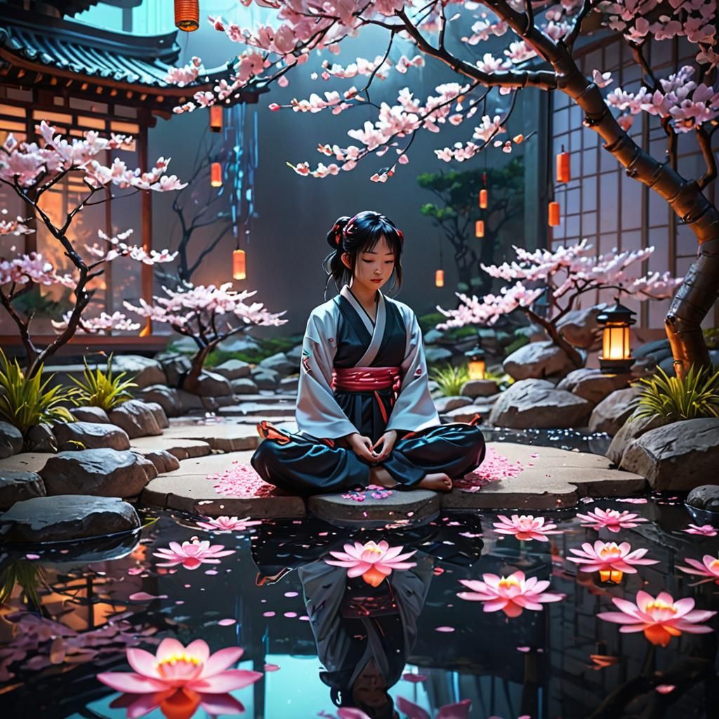 Anime Character Meditating in Cyberpunk Zen Garden
