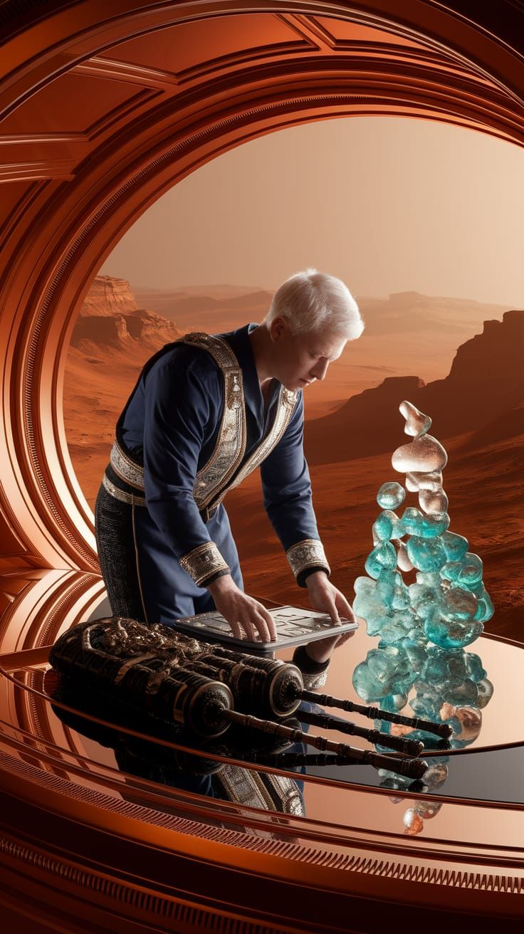 Albino Mechanic on Mars with Bagpipes and Sea Glass Sculptur...