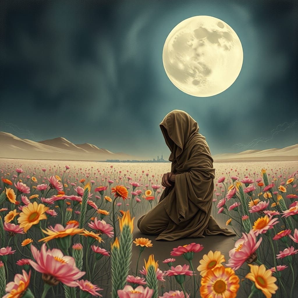 Melancholic Figure in Surreal Dystopian Landscape