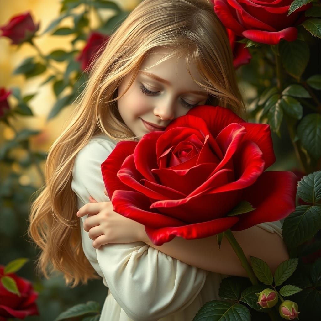 Girl Adoring a Rose in Romantic Realism Style