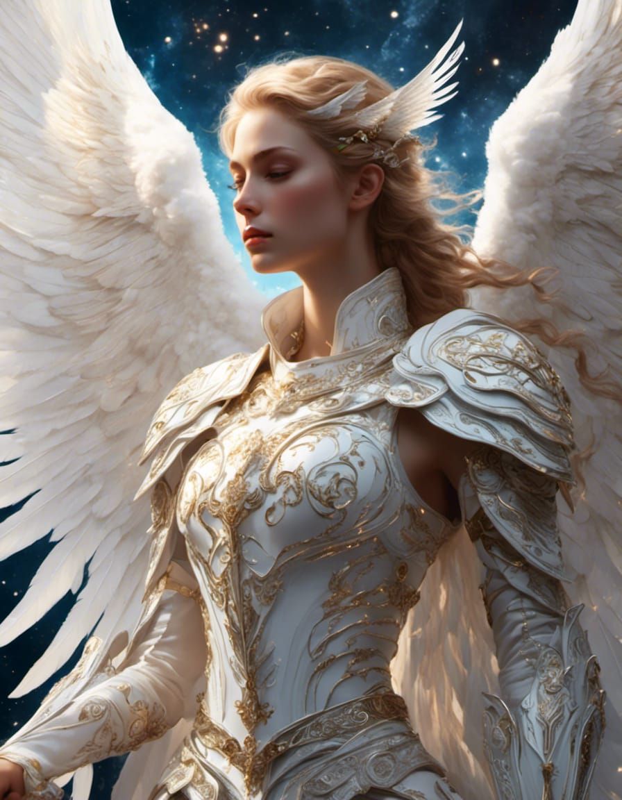 Androgynous Angel in White Armor with Wings