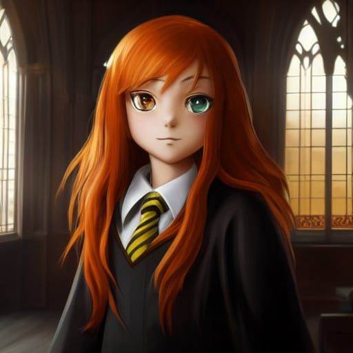Anime Hufflepuff Girl in Hogwarts Library