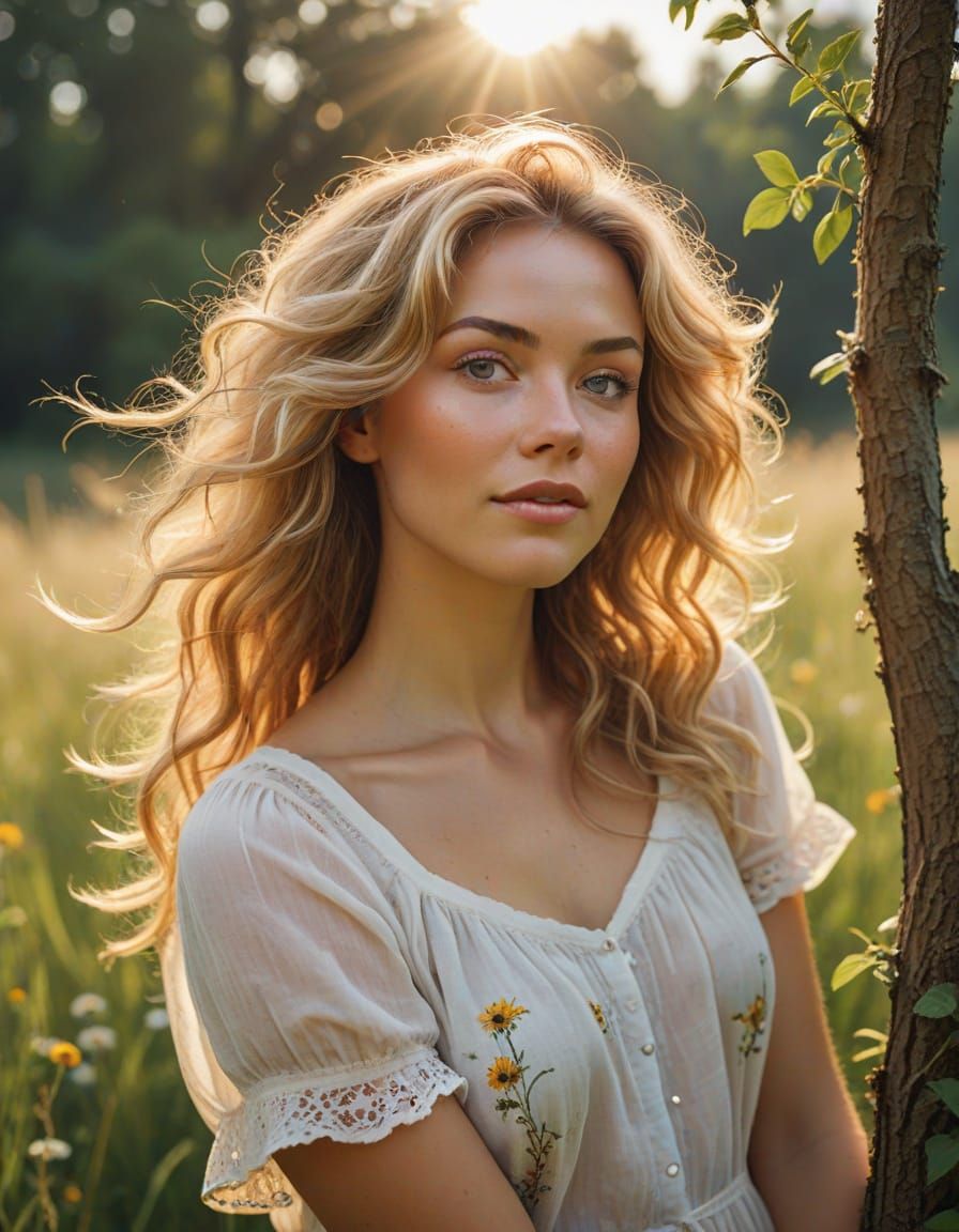 Beautiful Lady with Honey Blonde Hair in Summer Meadow