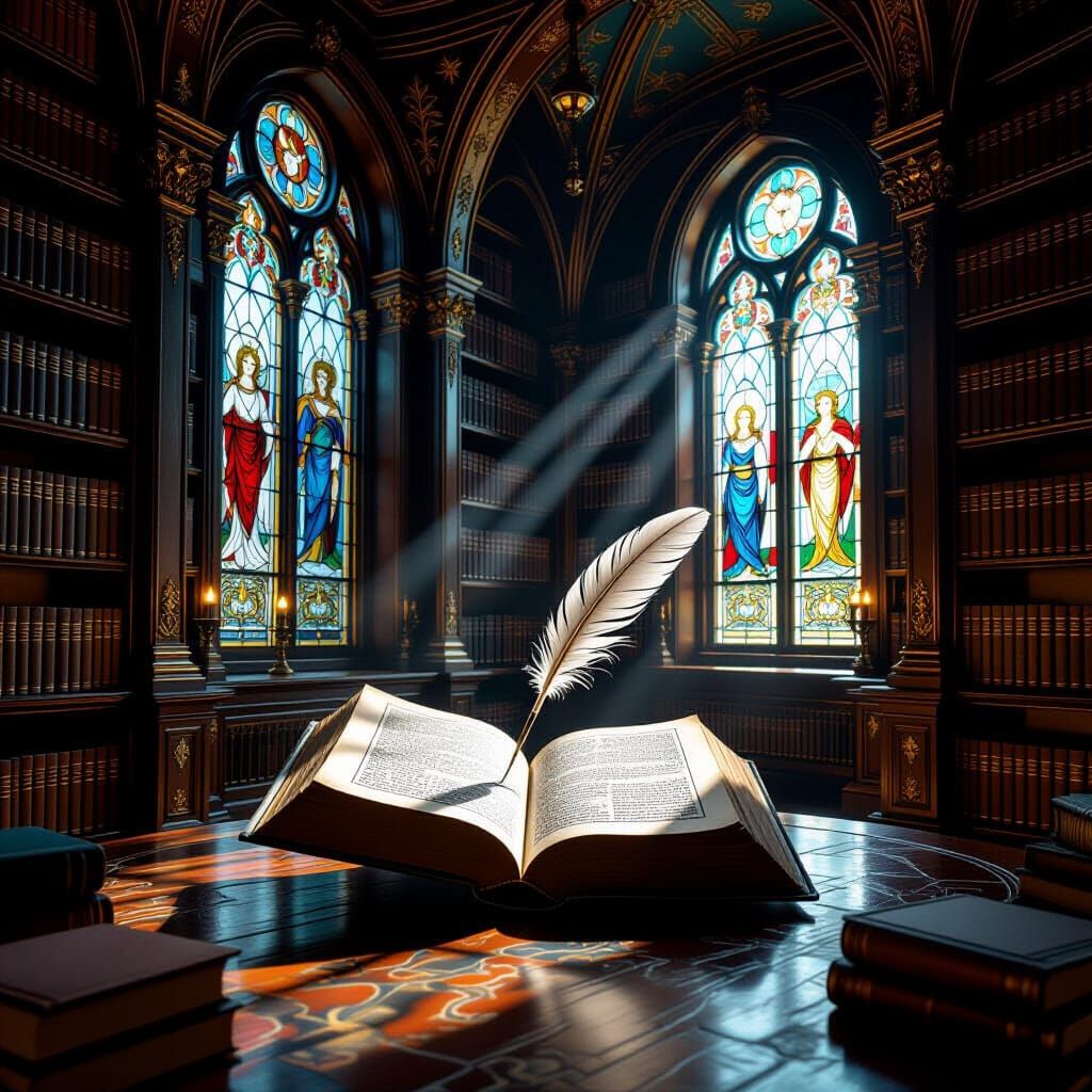 Ornate Library Interior with Mythical Stained Glass and Floa...
