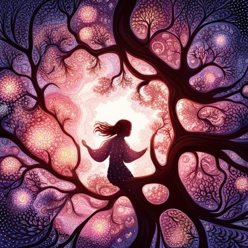 Dancing Silhouette in Suminagashi Floral Dreamscape