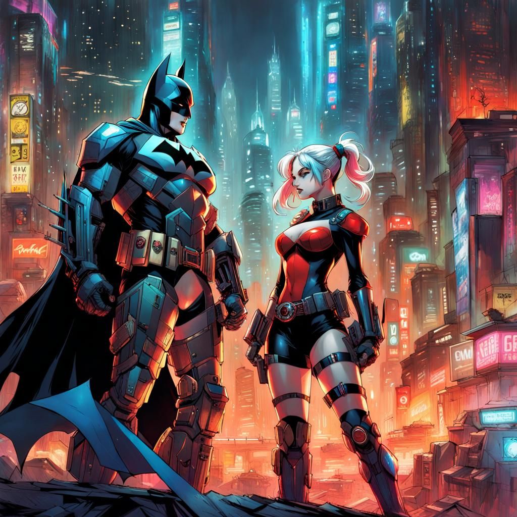 Batman and Harley Quinn in Cyberpunk Armor