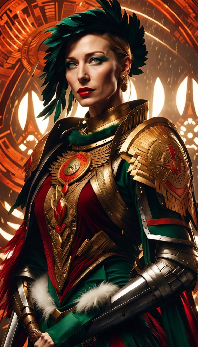 Woman in Cybernetic Armor with Aztec Headdress