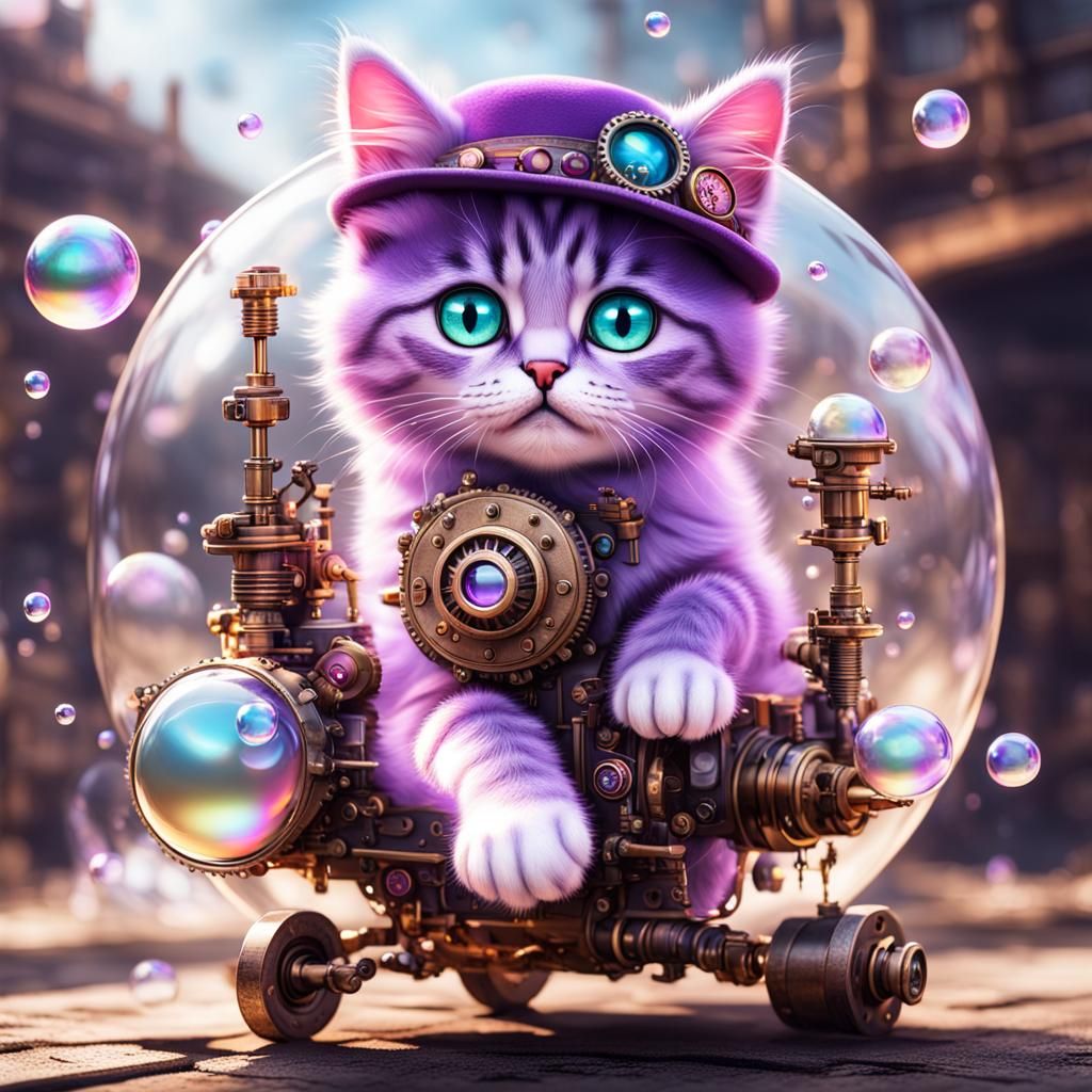 Steampunk Kitten Playing with Pearl in Bubble World