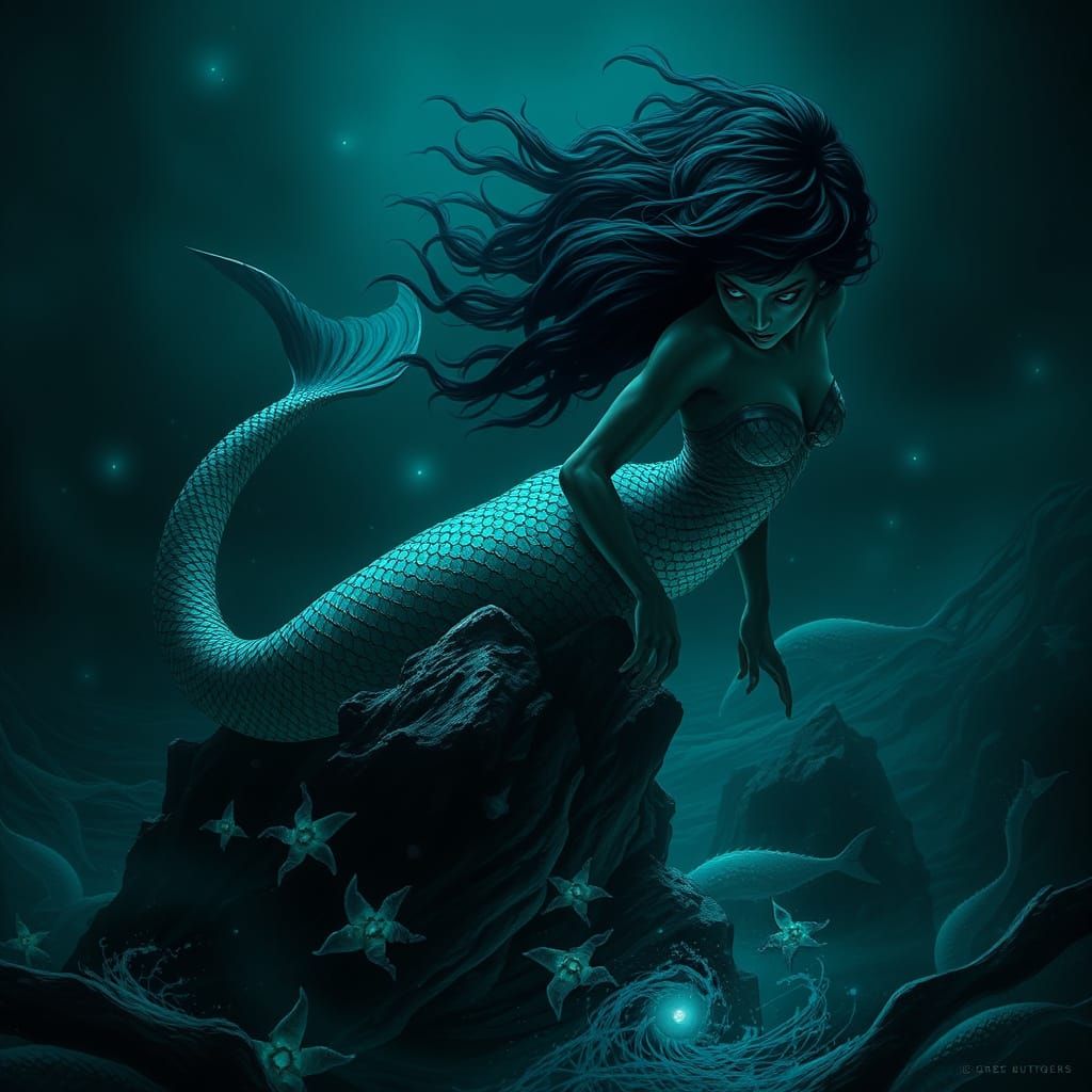 Majestic Dark-Scaled Mermaid in Ominous Cinematic Style