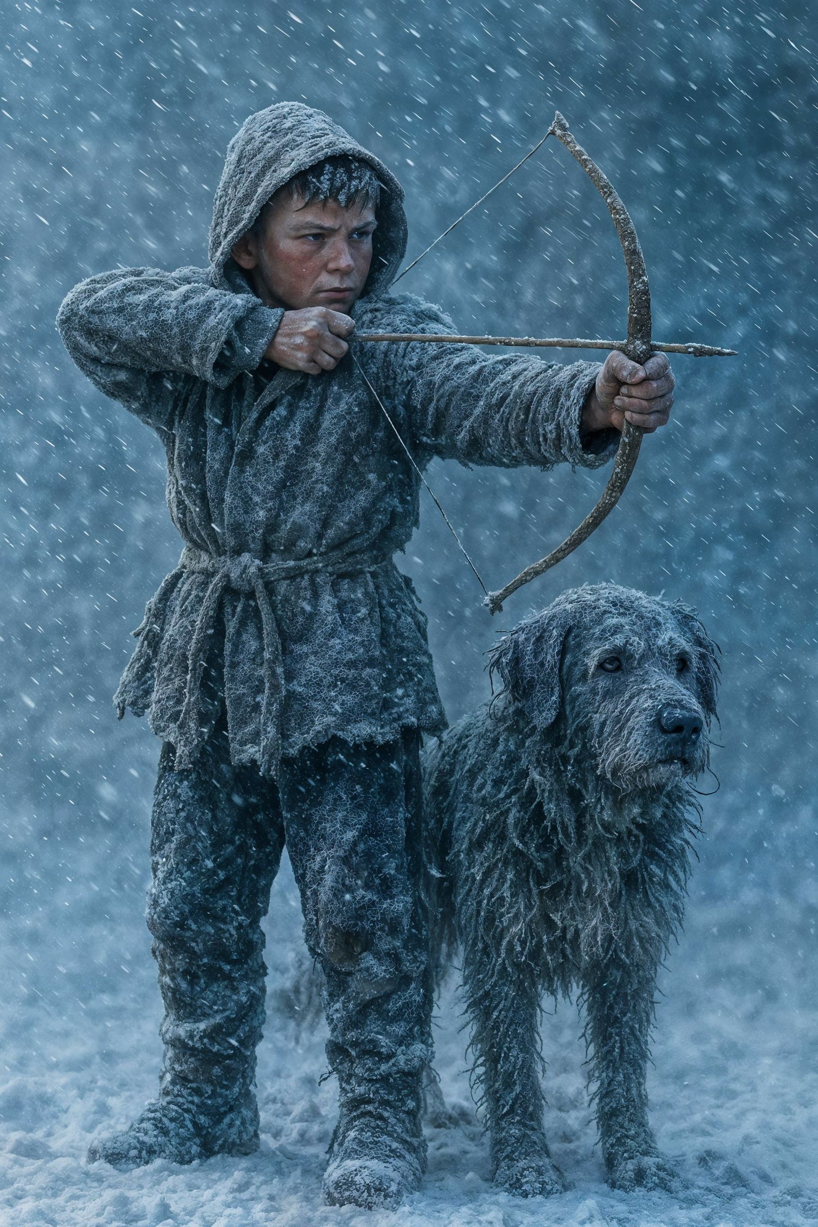 Boy and Dog in Blizzard, Photorealistic Style
