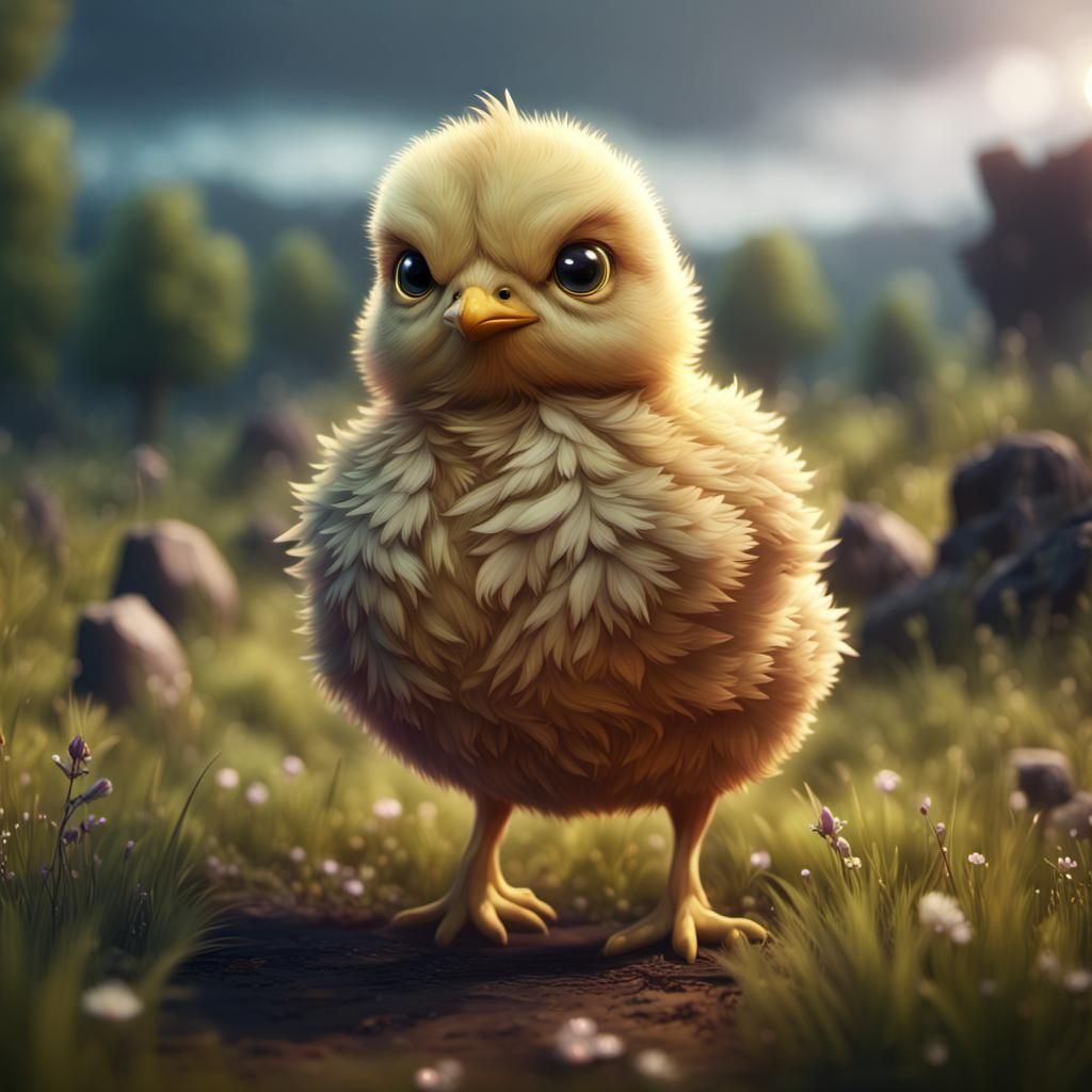 A cute sad chick in a big field, epic light