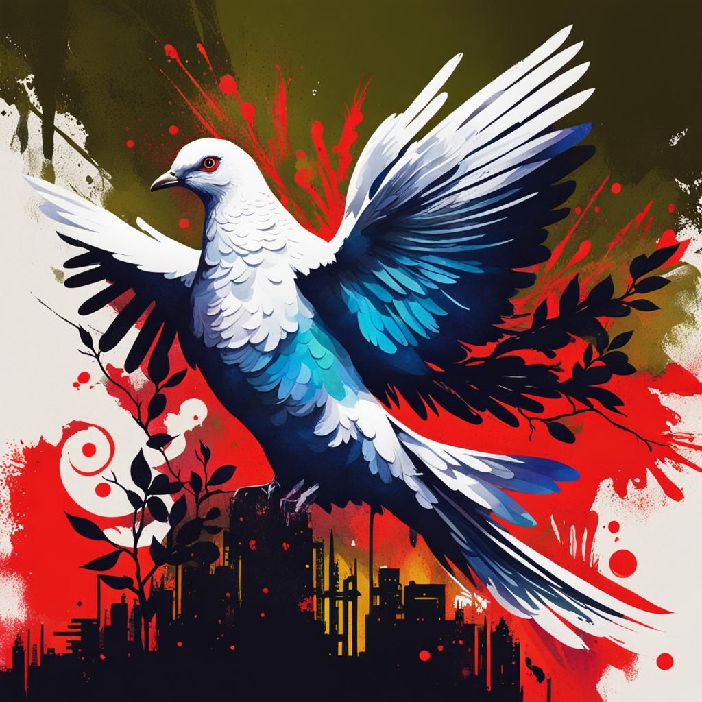 Glitchcore Dove with Olive Branch in Ink Art