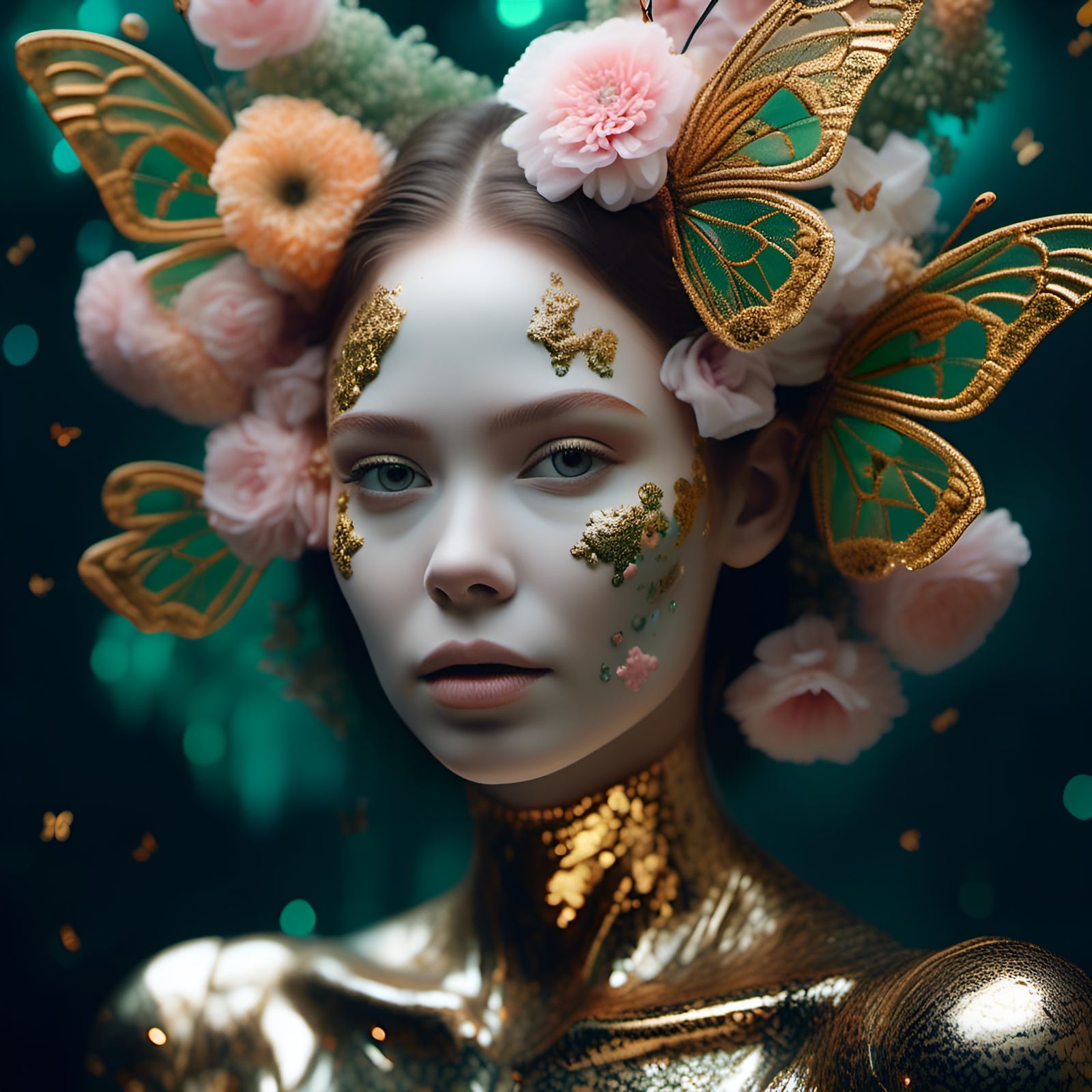 Ethereal Android Portrait with Golden Butterflies