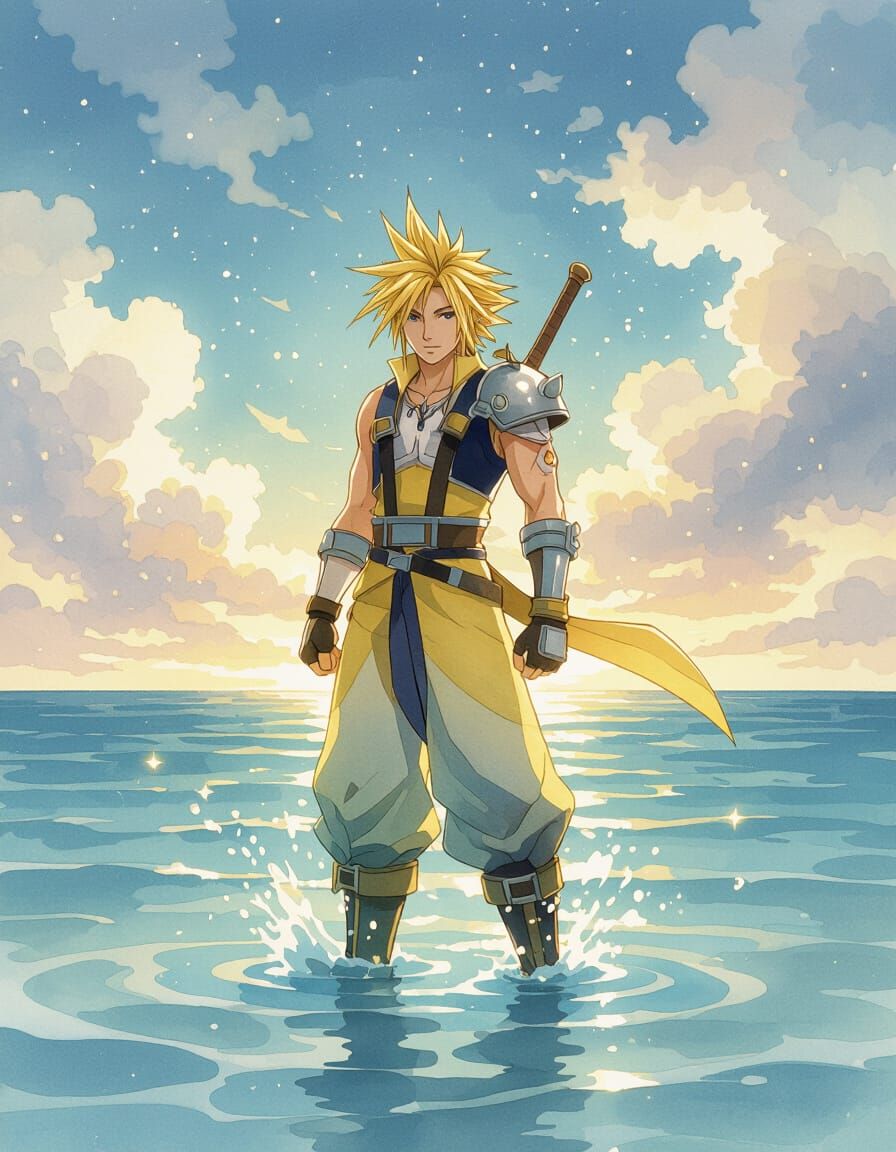 Tidus in Ocean Water, Watercolor Romanticism Painting