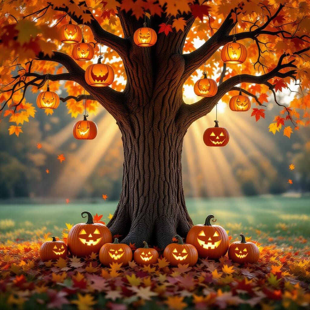 Enchanting Autumn Scene with Glowing Pumpkin Lanterns