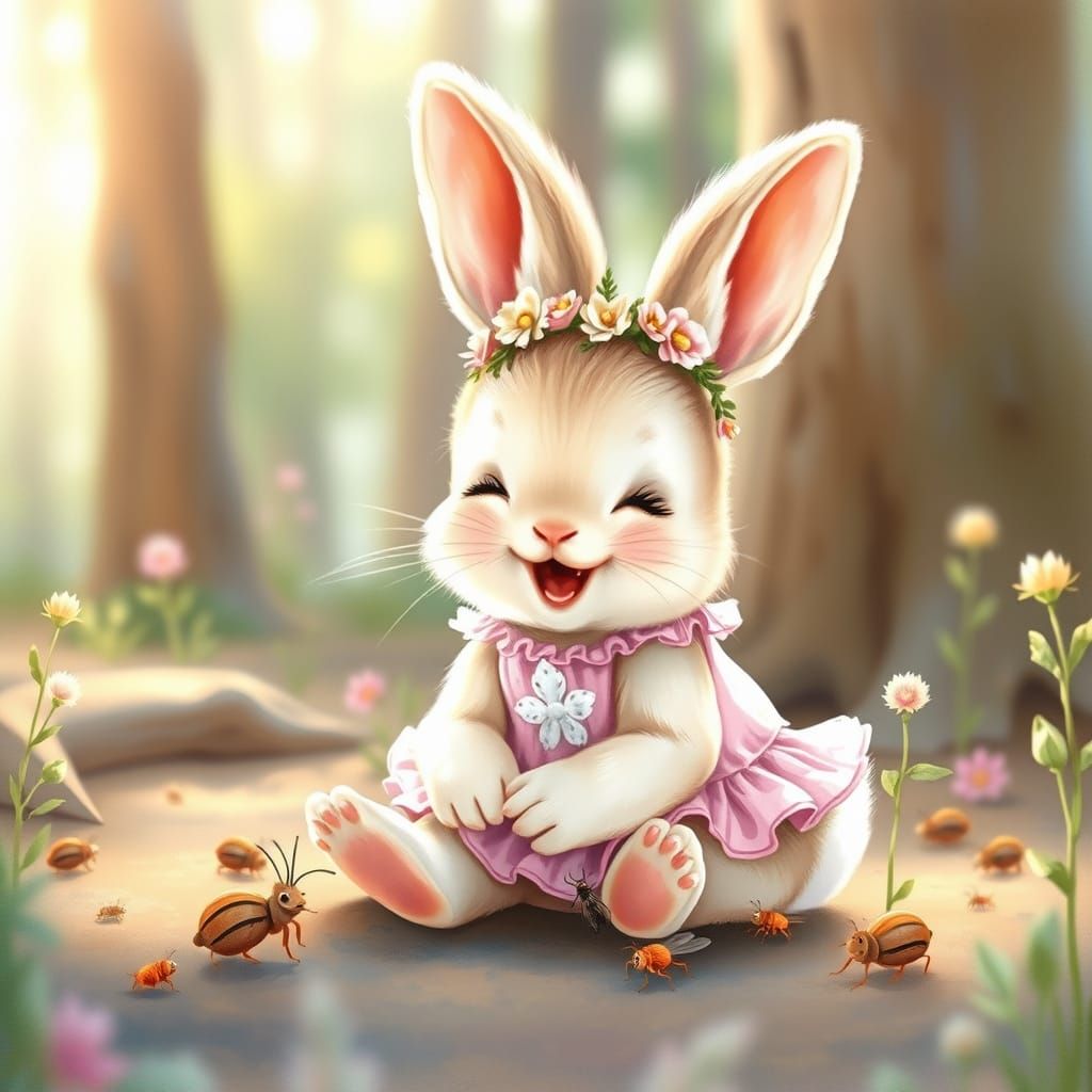 Whimsical Bunny with Flower Crown in Pastel Forest