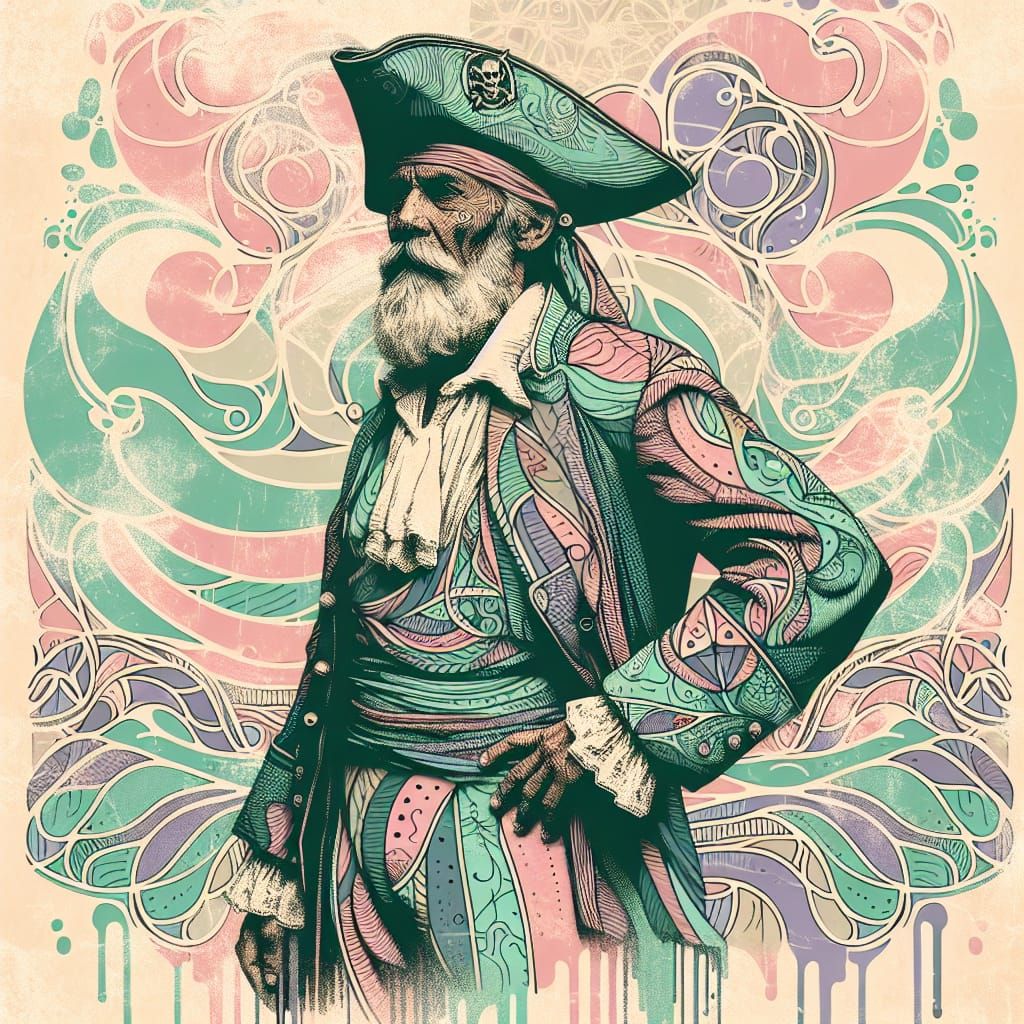 Elderly Pirate Portrait in Pastel Graffiti Style