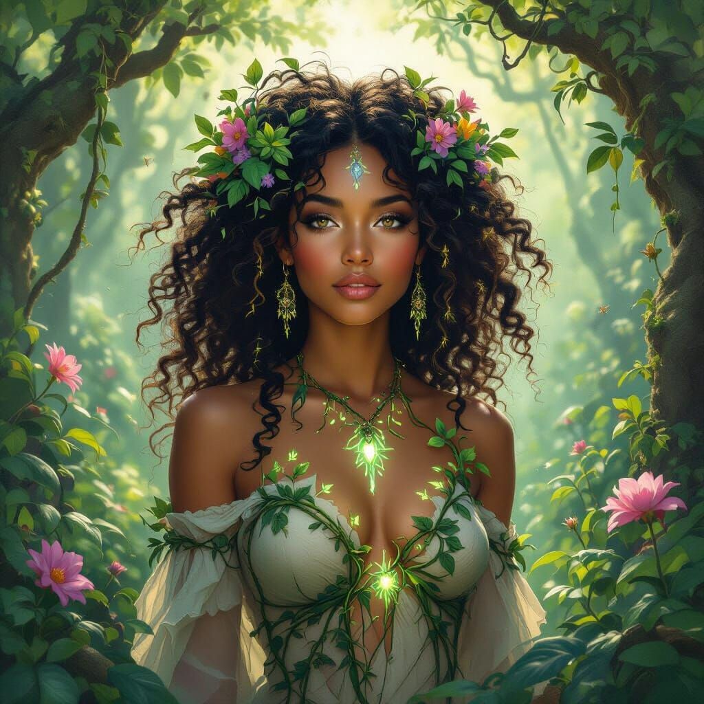 Mystical Afro-Latina Forest Spirit in Pre-Raphaelite Style