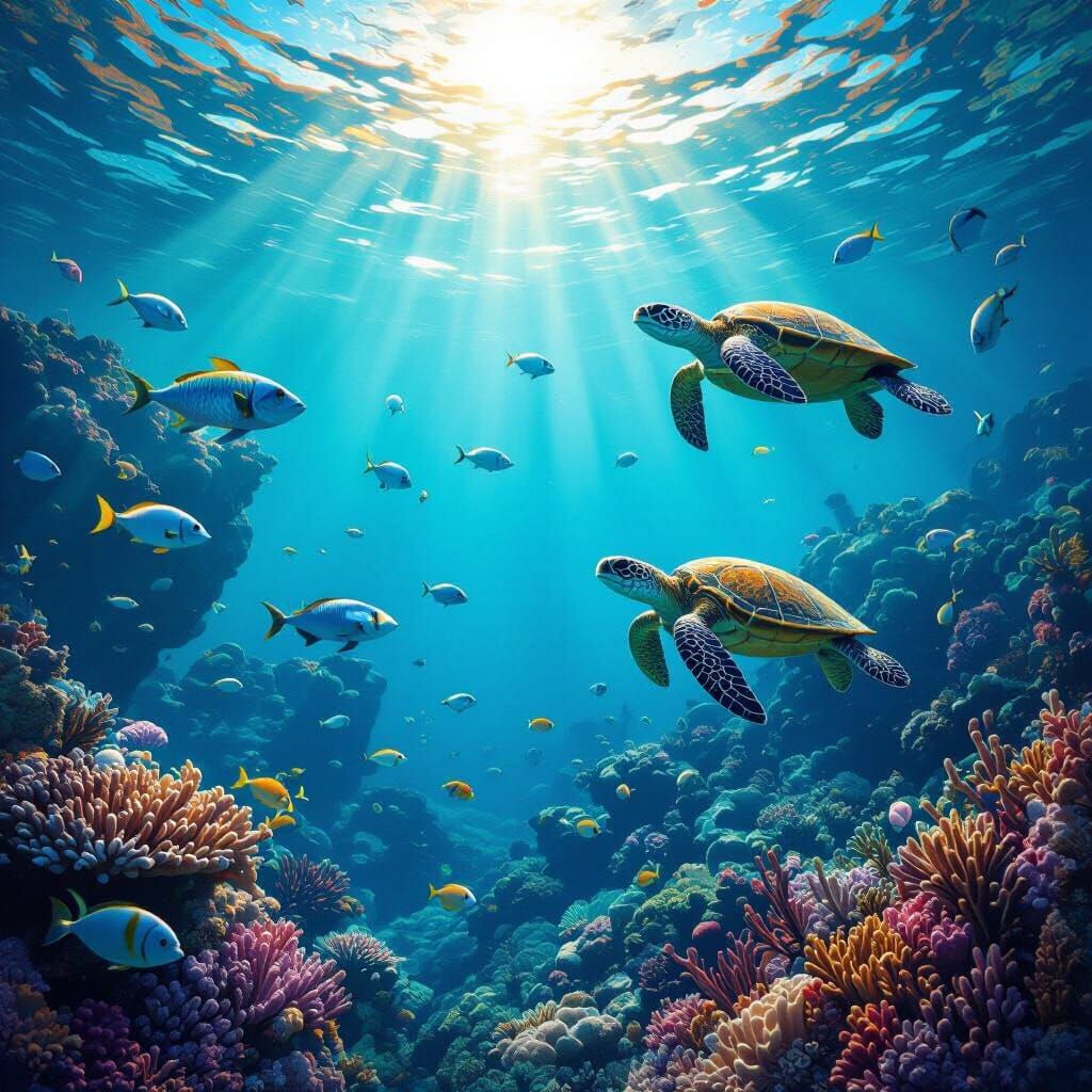Vibrant Underwater Ocean Scene with Coral Reefs and Sea Turt...