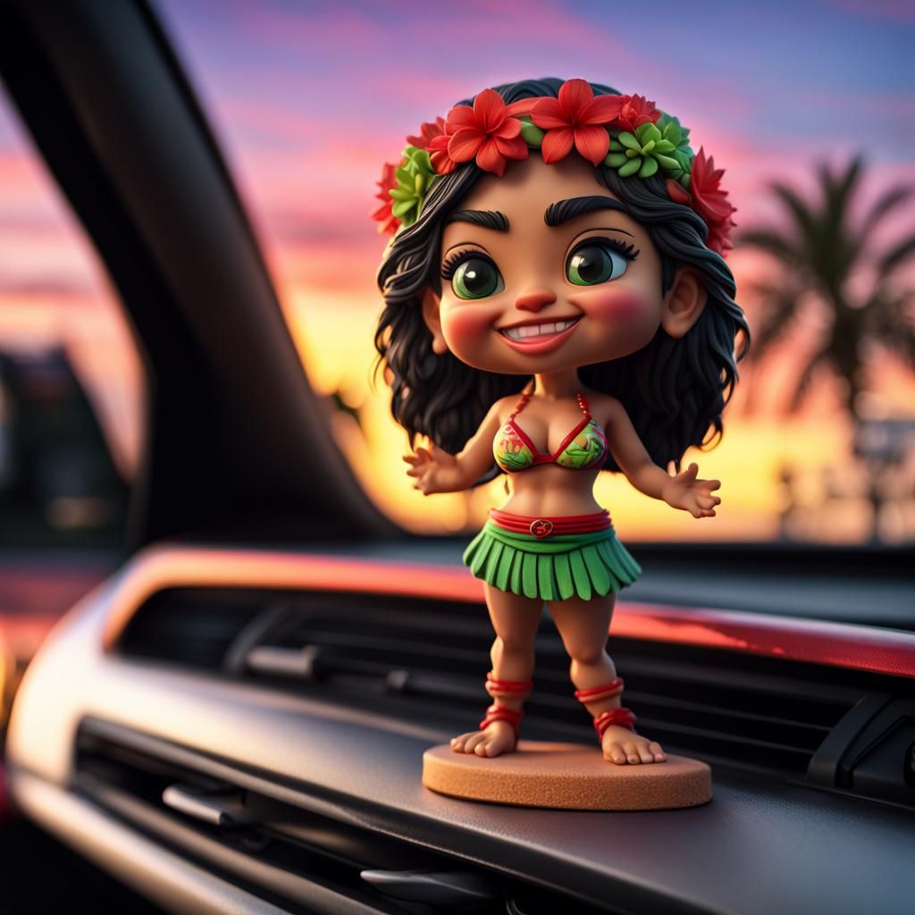 Hawaiian Bobblehead with Sunset, Detailed Matte Painting