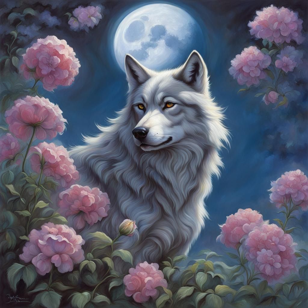 Fantasy Wolf and Moon with Flowers, Book Cover Art