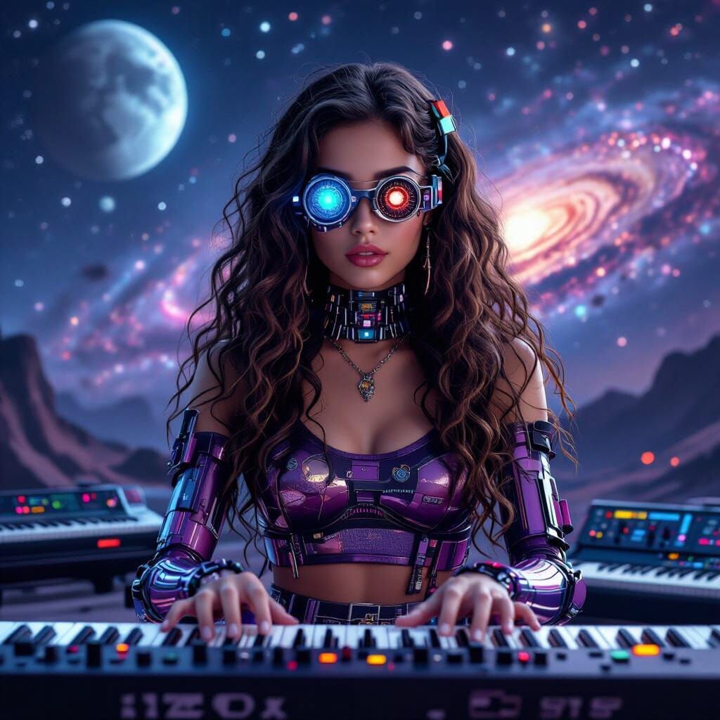 Cyborg Woman Plays Synthesizer in 80s Funky Wave Style