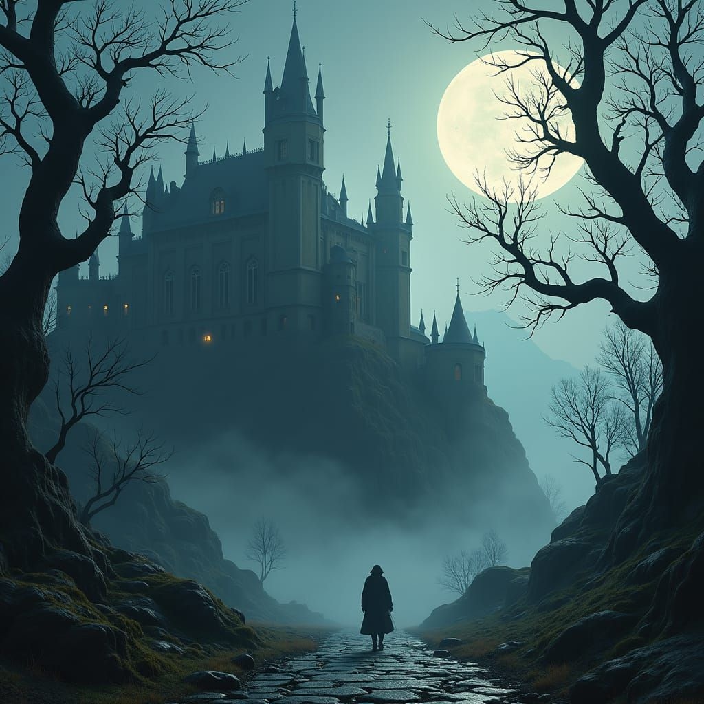 Mystical Castle Under Moonlight in Gothic Landscape