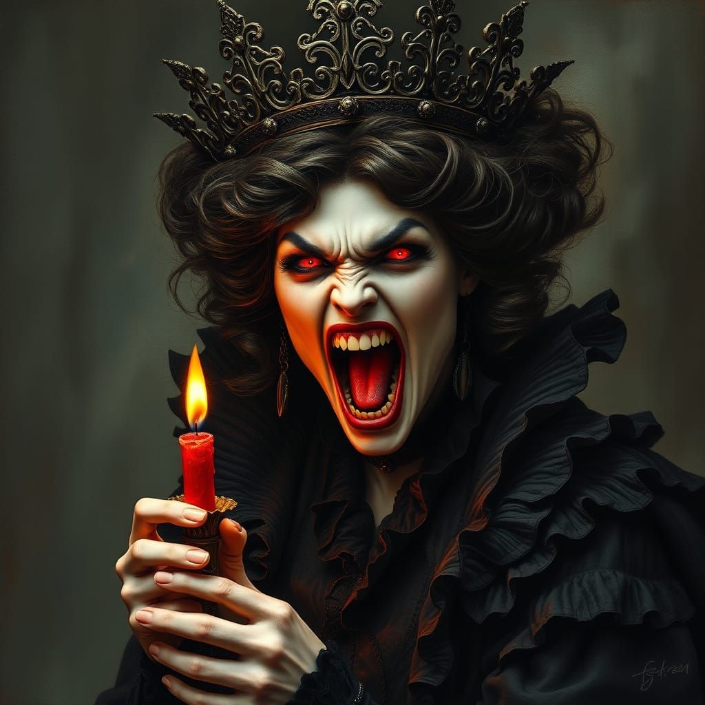 Gothic Vampire Queen in Rage, Holding Candle, Dark Backgroun...