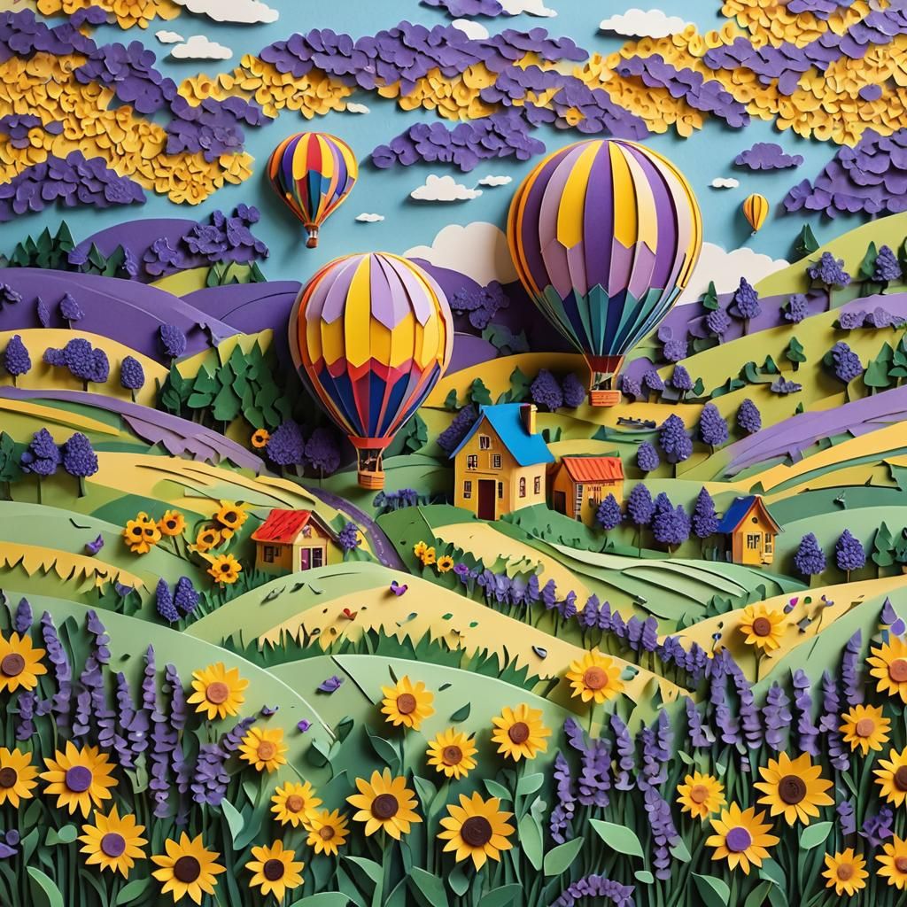 Colorful Kirigami Hot Air Balloon Over Lavender Fields
