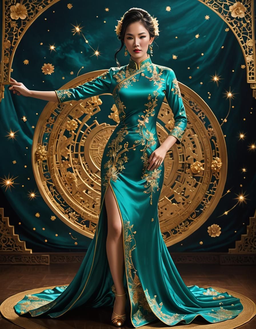 Ethereal Asian Woman in Turquoise Cheongsam, Splash Art