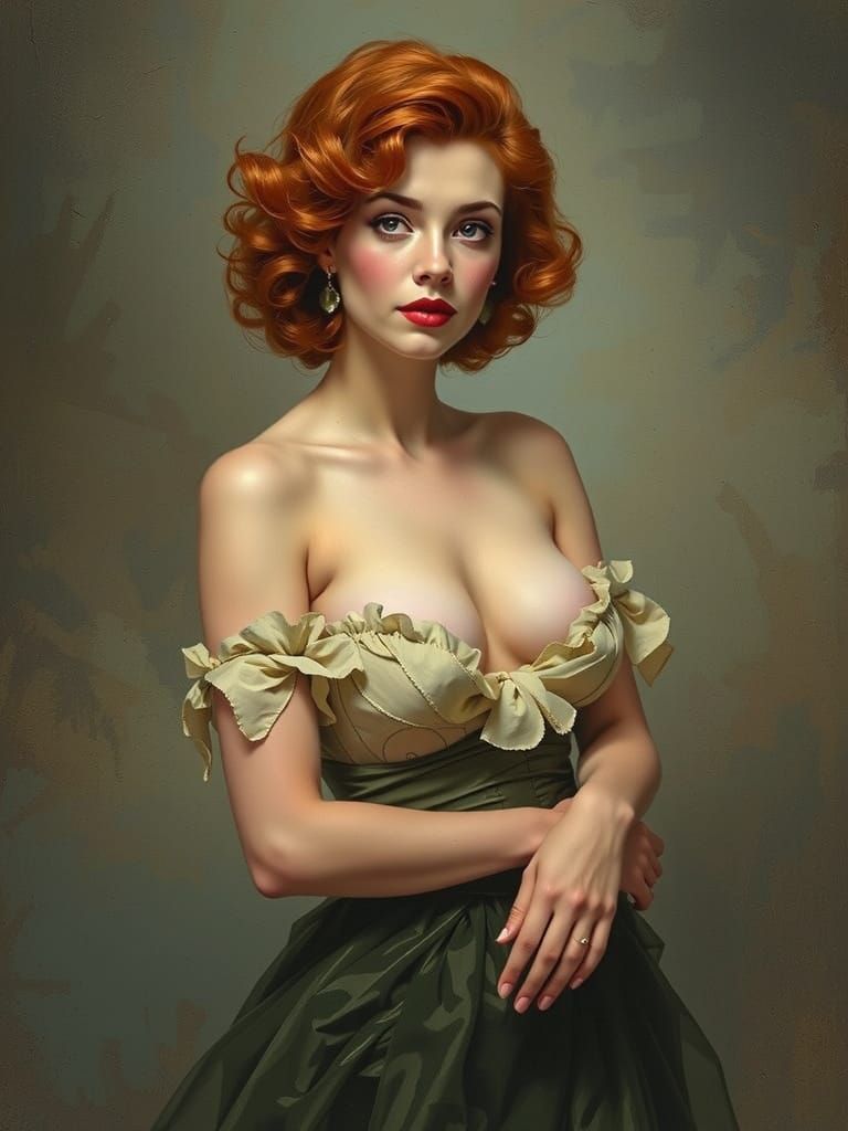 Retro Redhead Pin-Up in Art Nouveau Style