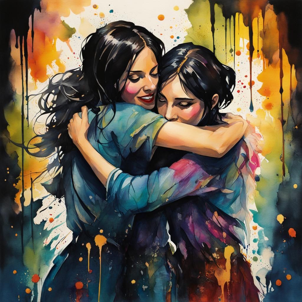 Girlfriends' Joyful Meeting: Watercolor Art with Ink Effects