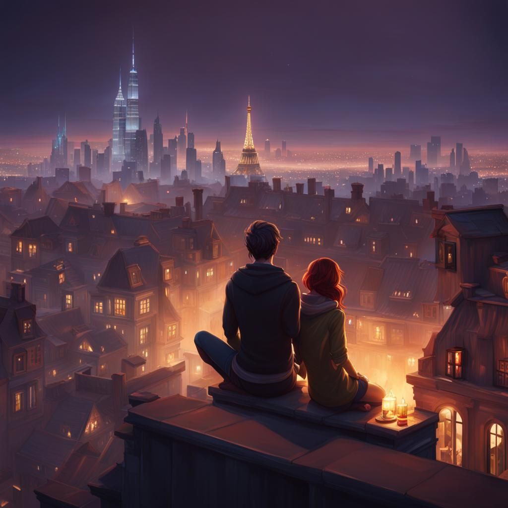 Rooftop Couple Gaze at City Lights