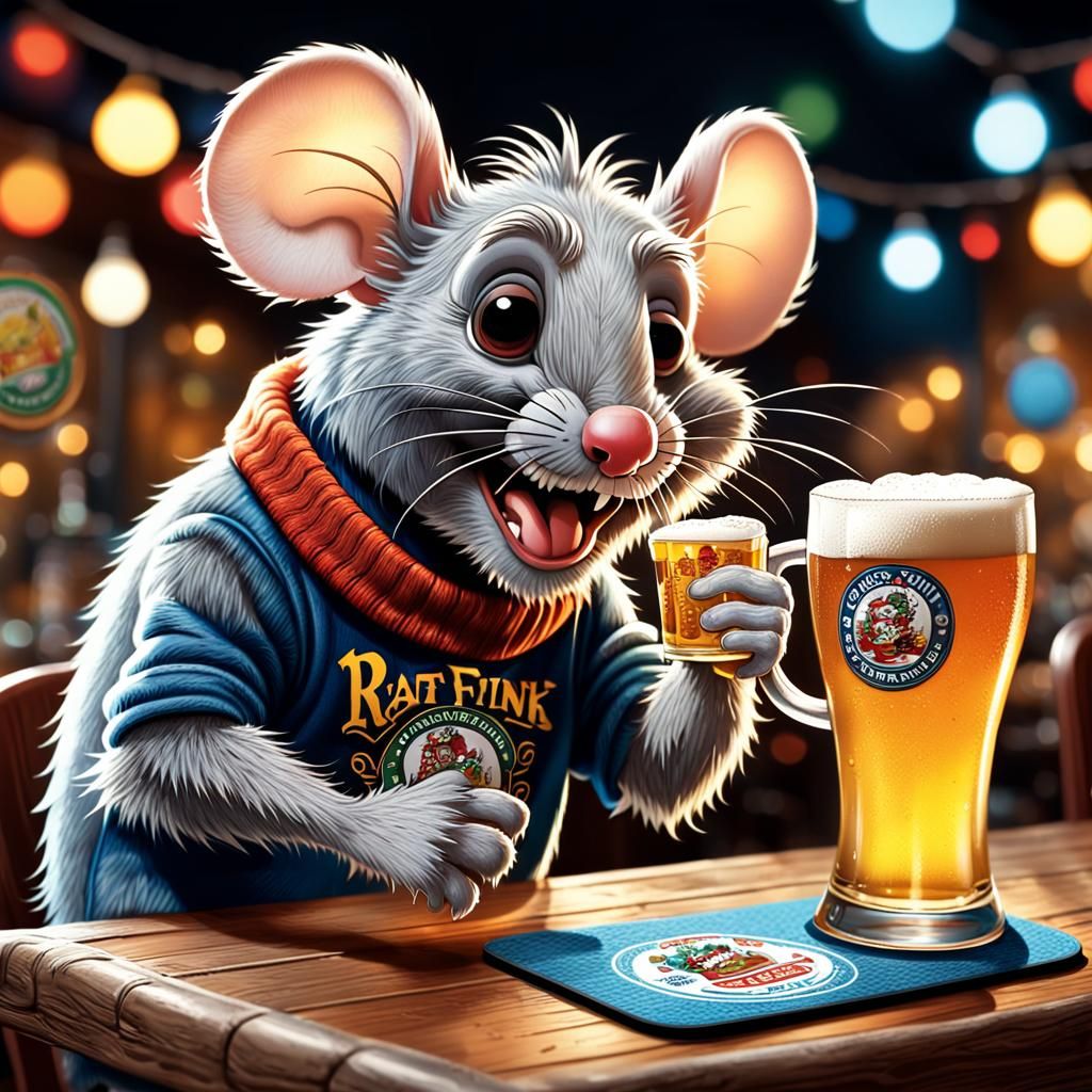 Ratfink Mouse Sipping Beer in Pub Illustration