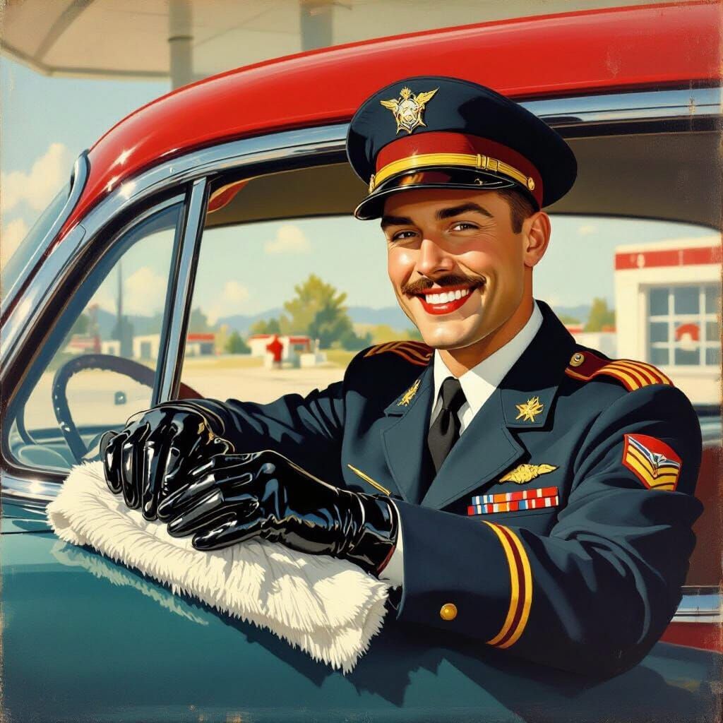 Vintage Gas Station Attendant with Sarcastic Smile