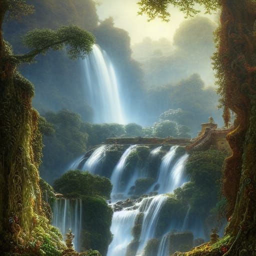 Waterfall and Ancient City in Rococo Architecture