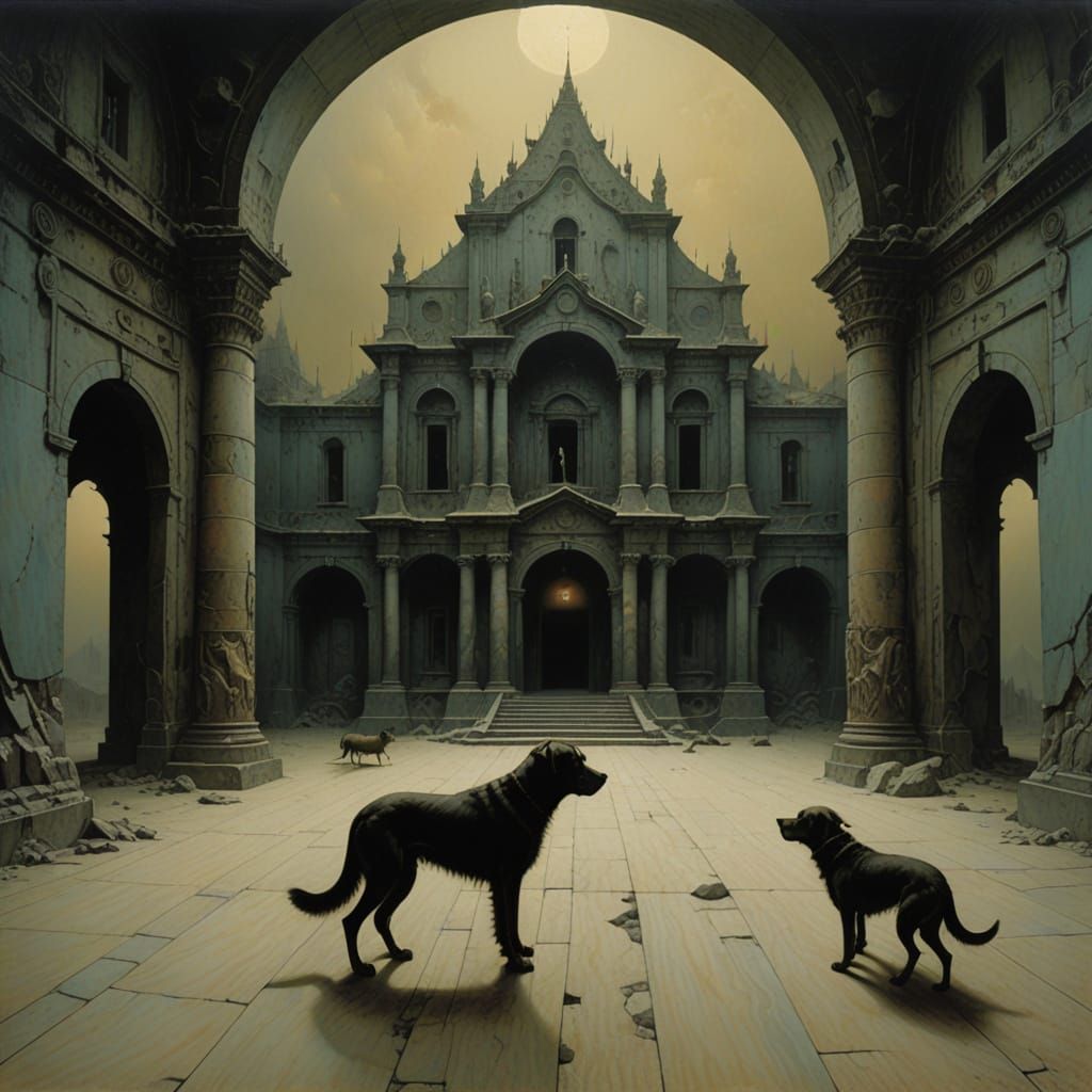 Surreal Dogs in Geometric Marble Hall