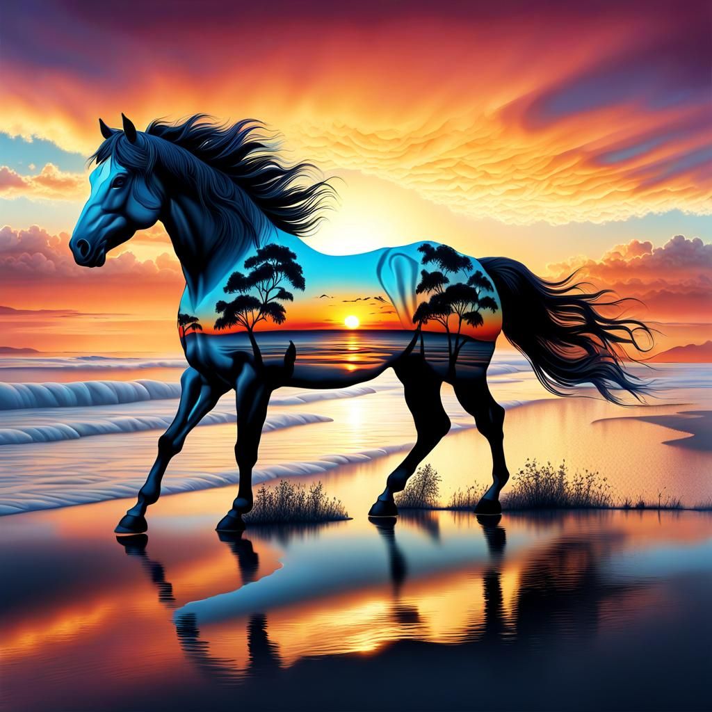 Hyperrealistic Horse at Sunset Matte Painting