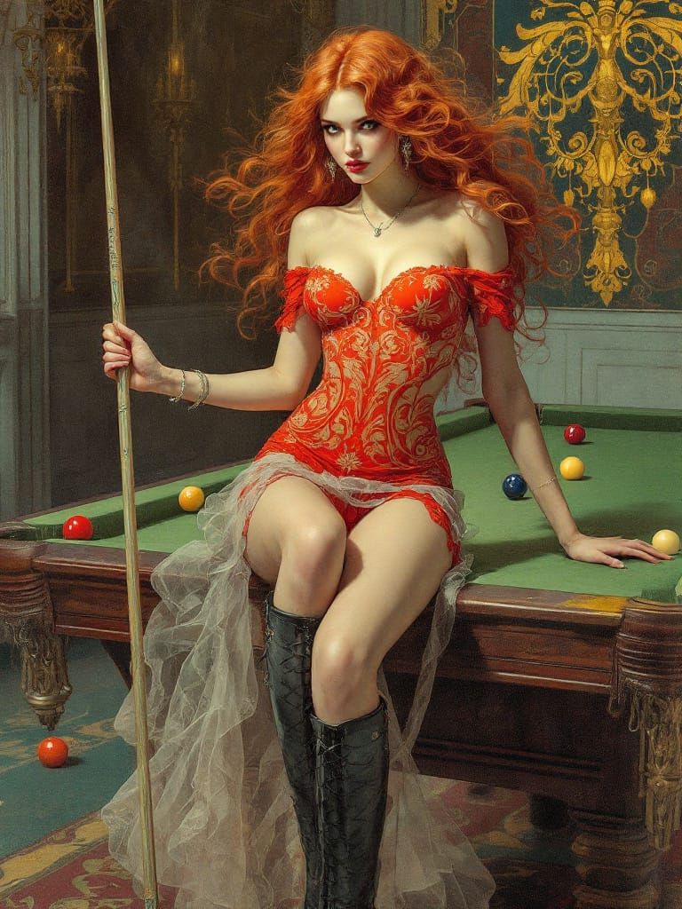 Poetic Refinement: Woman with Red Hair in Pool Hall
