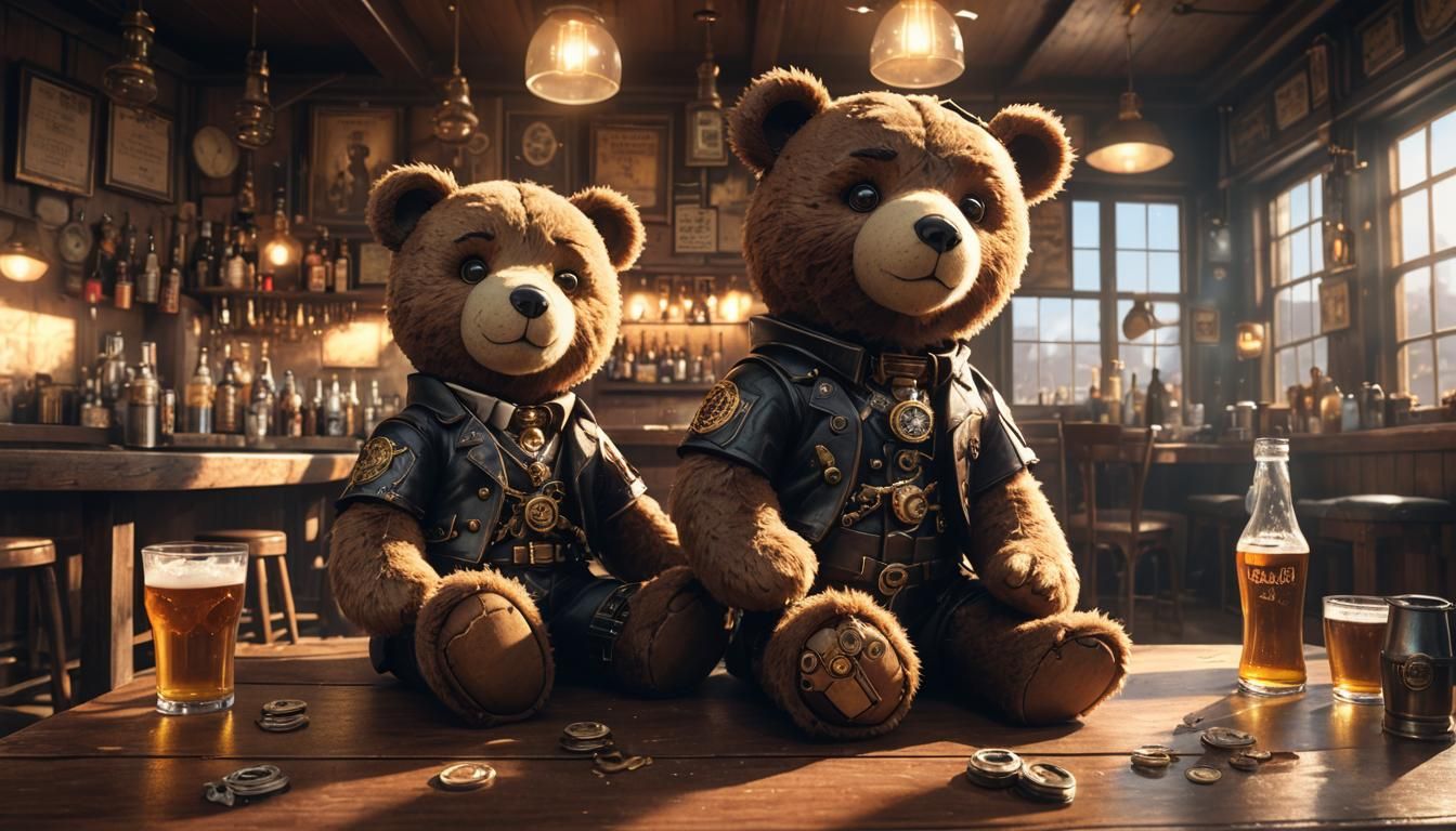 Steampunk Beer Bottle Bear in Pub, 3D Anime Art