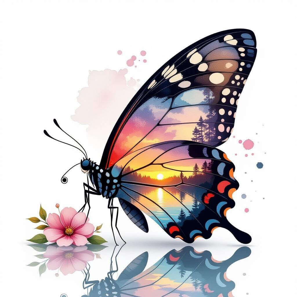 Watercolor Butterfly Sunset Reflection in Dark Fantasy Style