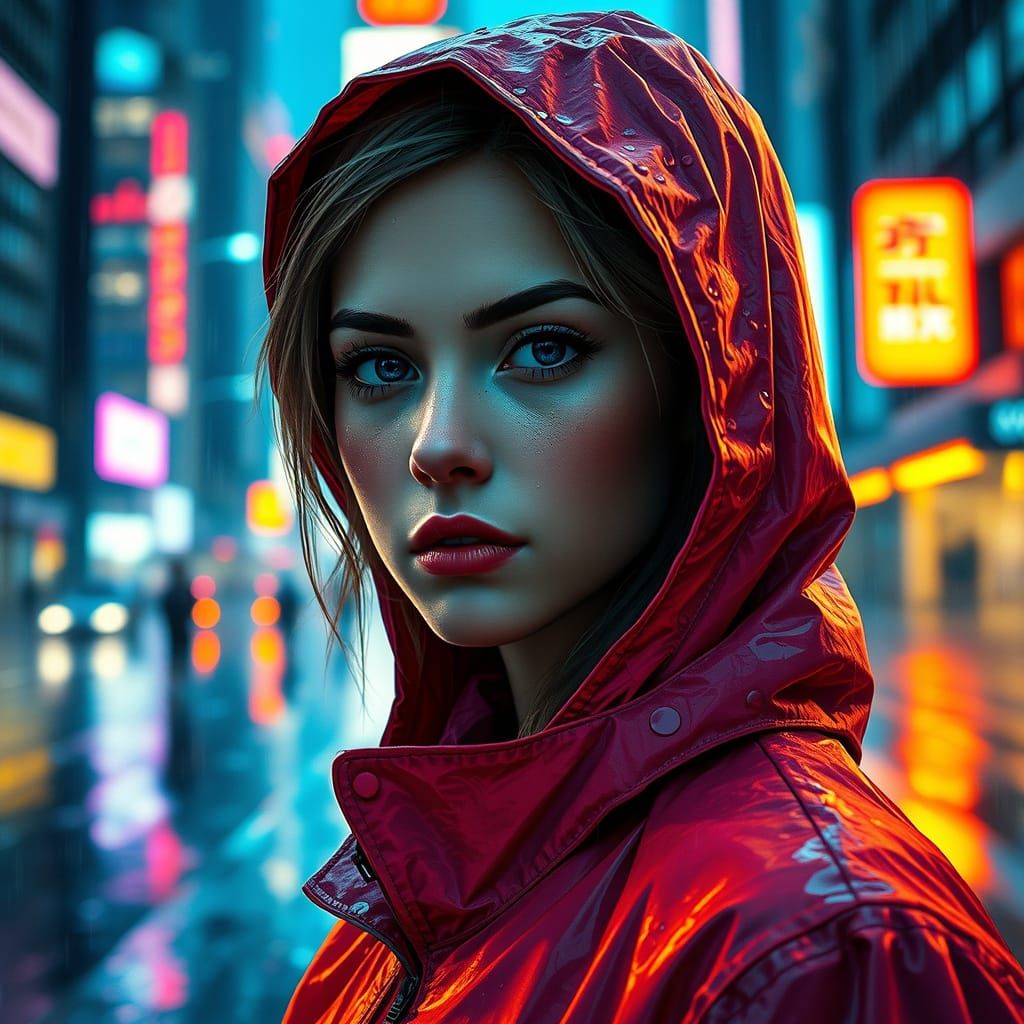 Stunning Young Woman in Rainy City Night